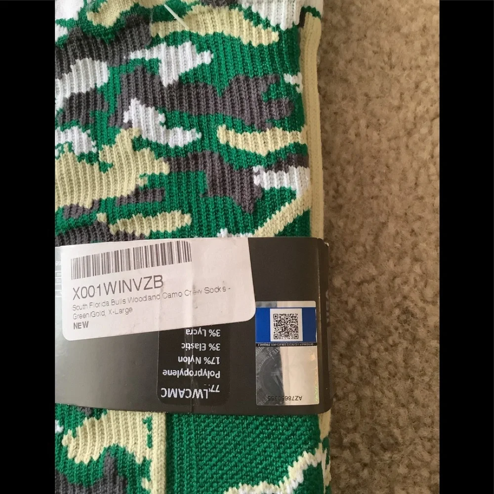 TCK sports Crew Sock NWT South Florida Bulls green camouflage XL pro dri